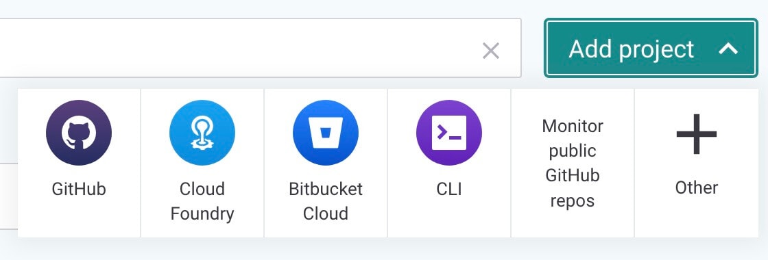 Add project menu showing options for GitHub, Cloud Foundry, Bitbucket Cloud, CLI, monitoring public GitHub repositories, and Other