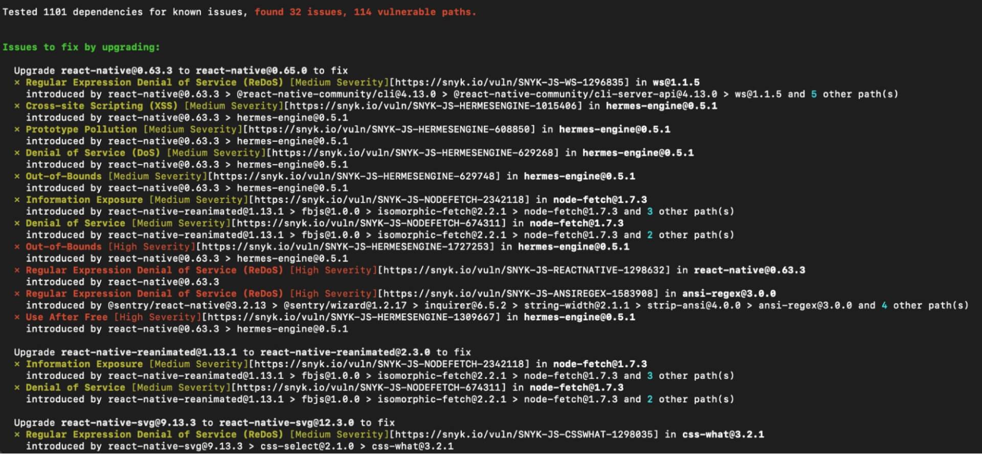 Terminal output from a dependency scan reporting 32 issues and 114 vulnerable paths in a React Native project.