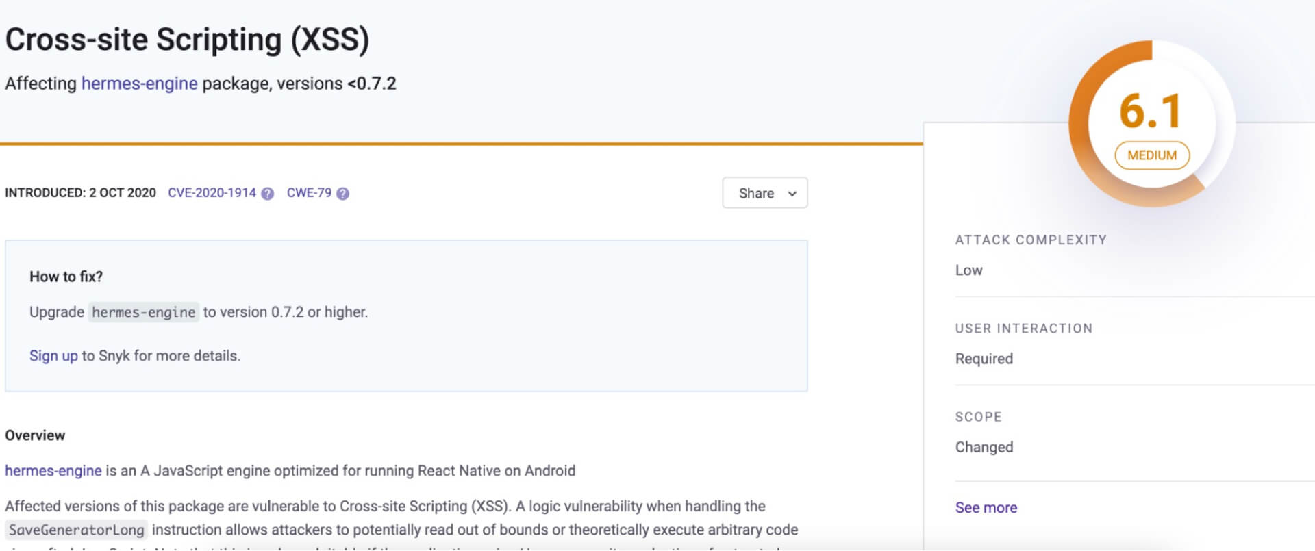 Security advisory for Cross-site Scripting (XSS) affecting hermes-engine versions below 0.7.2, with a medium 6.1 severity score.