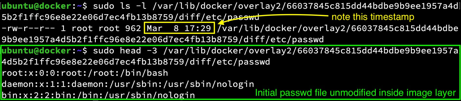 Terminalbefehle vergleichen den Zeitstempel eines Docker-Overlay-Dateisystems mit dem unveränderten Inhalt der ursprünglichen Datei /etc/passwd.