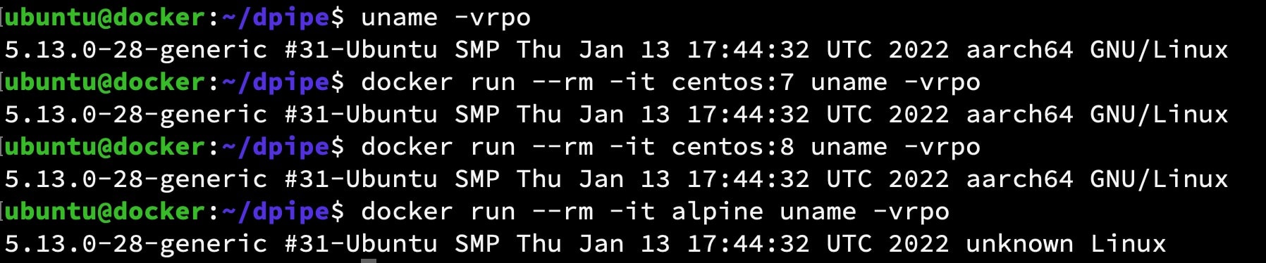 Terminal mit ausgeführten Docker-Befehlen für CentOS 7, CentOS 8 und Alpine. Für jeden Container wird die uname-Ausgabe angezeigt.
