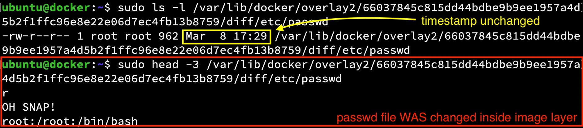 Terminalausgabe: Der Zeitstempel einer Datei bleibt unverändert, obwohl der Inhalt von /etc/passwd in einer Docker-Overlay-Ebene geändert wurde