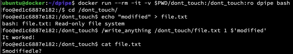 Terminal mit einem Docker-Container, in dem ein schreibgeschützt eingebundenes Verzeichnis zu sehen ist. Trotz dieser Einschränkung ändert ein Befehl erfolgreich die Datei file.txt.