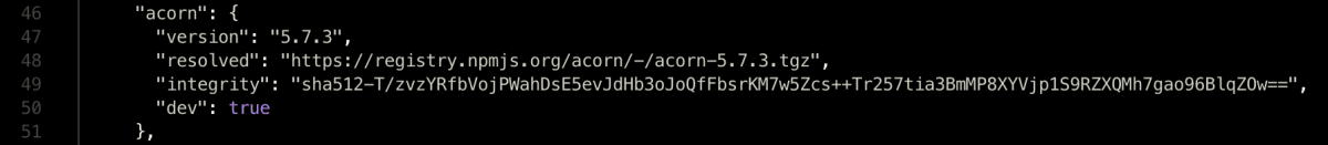 Editor de código exibindo uma entrada do package-lock para a dependência acorn, incluindo a versão 5.7.3, o URL do registro, o hash de integridade e a indicação de dependência de desenvolvimento.