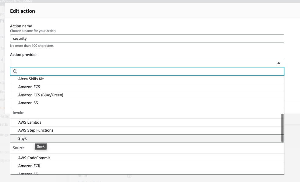 Écran d’action de modification de la console AWS, avec le menu déroulant du fournisseur d’action ouvert et Snyk sélectionné parmi les intégrations disponibles