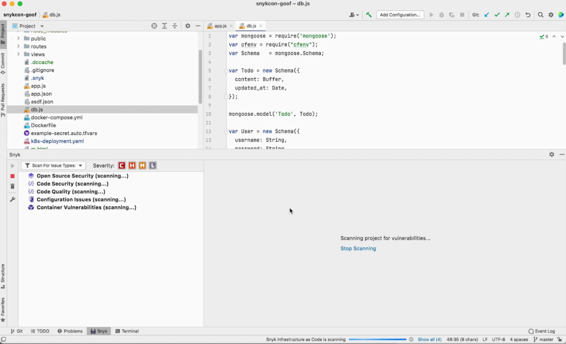 JetBrains-IDE mit einem JavaScript-Projekt, während Snyk nach Schwachstellen in Open Source, Code, Konfigurationen und Containern sucht.
