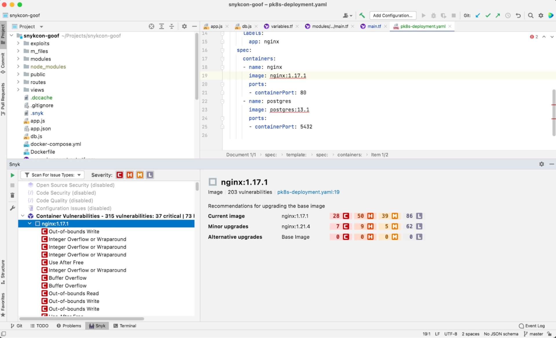 IDE mit einem Kubernetes-Deployment-YAML mit nginx- und postgres-Containern neben dem Snyk-Schwachstellenscan für nginx:1.17.1