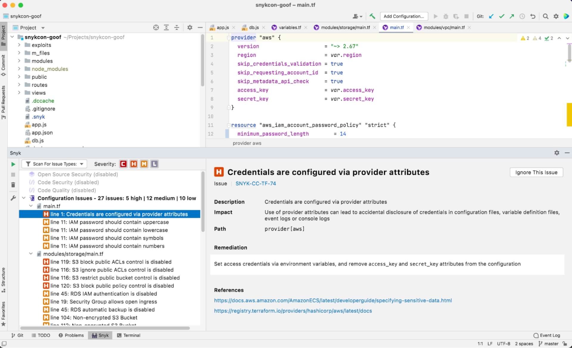 Das Snyk-Plugin markiert in einem Code-Editor Probleme in einer Terraform-Konfiguration, darunter AWS-Zugangsdaten, die über Provider-Attribute konfiguriert sind.