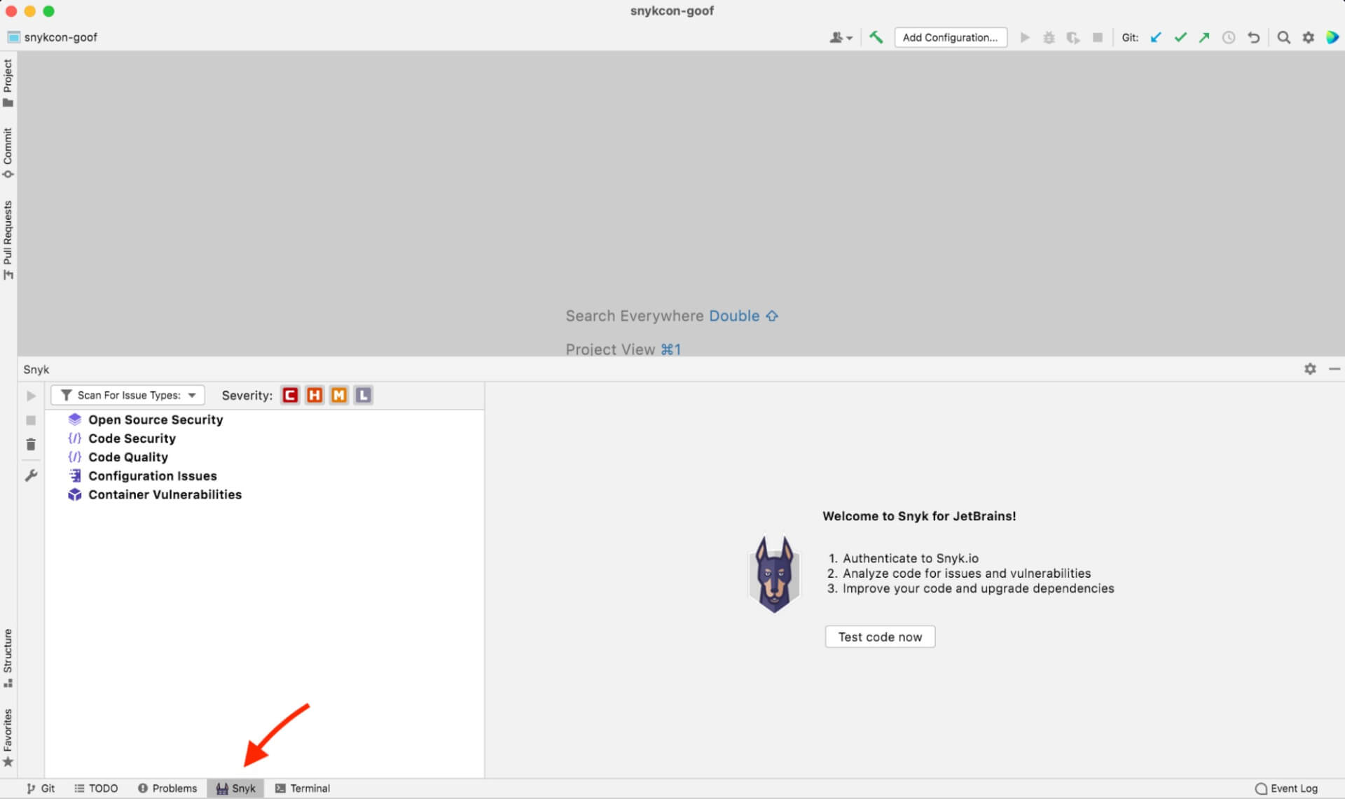 JetBrains-IDE mit dem Snyk-Bereich in der Seitenleiste und Scan-Kategorien für Open-Source-, Code-, Konfigurations- und Container-Schwachstellen.