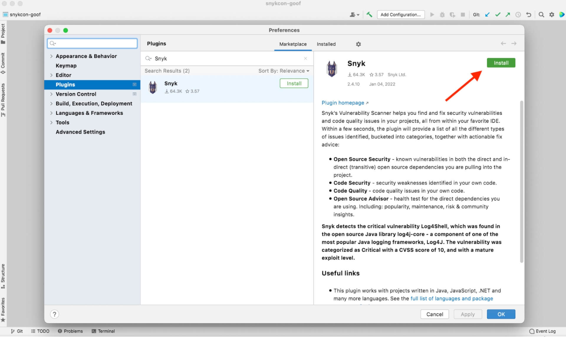 JetBrains-Einstellungsfenster mit ausgewähltem Menüpunkt „Plugins“, der Suche nach „Snyk“ im Marketplace und hervorgehobenem Installieren-Button des Snyk-Plugins.