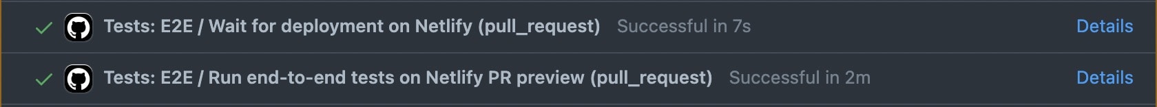 GitHub Actions workflow showing two successful Playwright end-to-end tests on Netlify pull request previews.