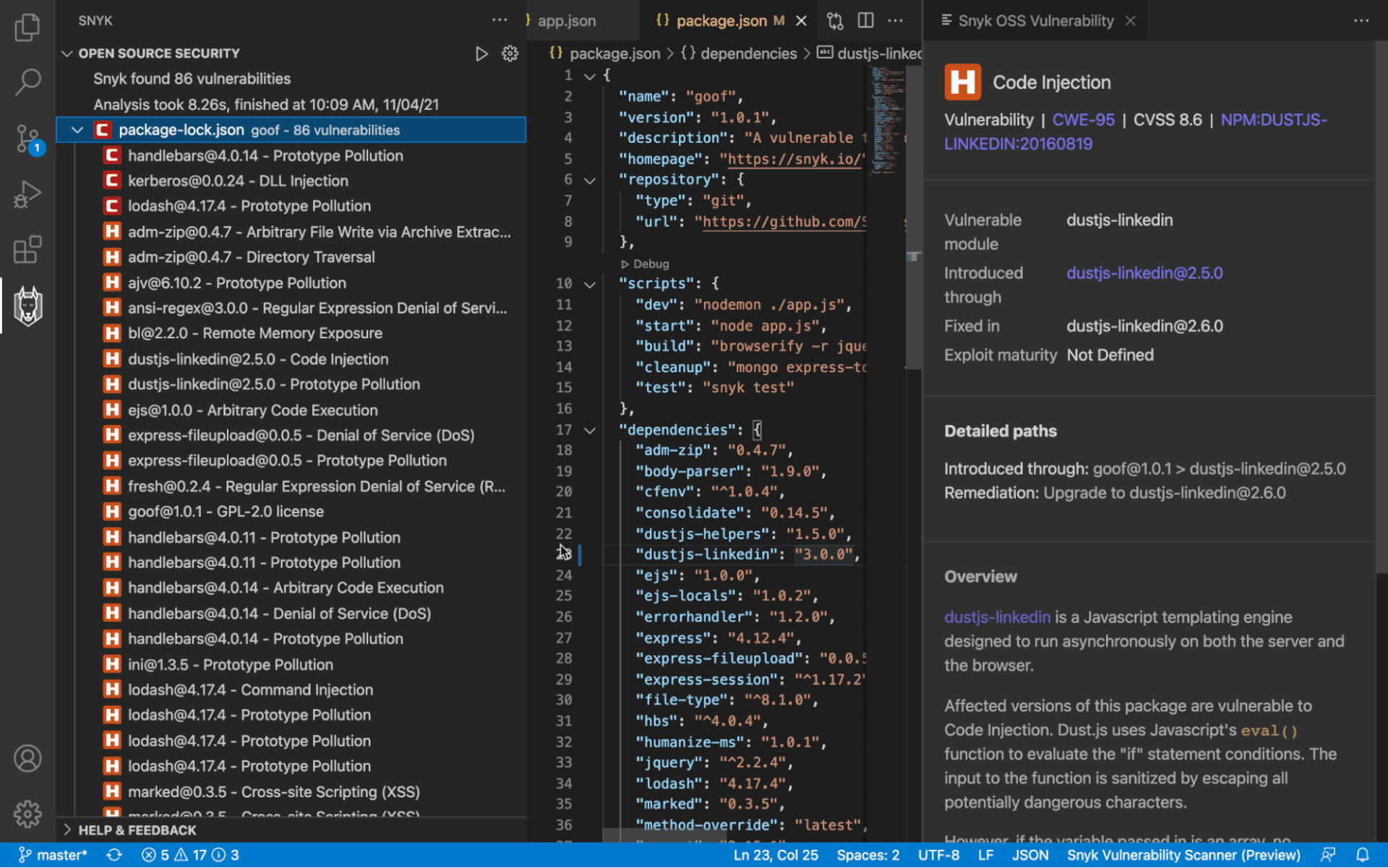 Snykの脆弱性スキャン結果を表示するVisual Studio Code。86件の問題と、dustjs-linkedinに関する詳細なコードインジェクションの警告が表示されています。