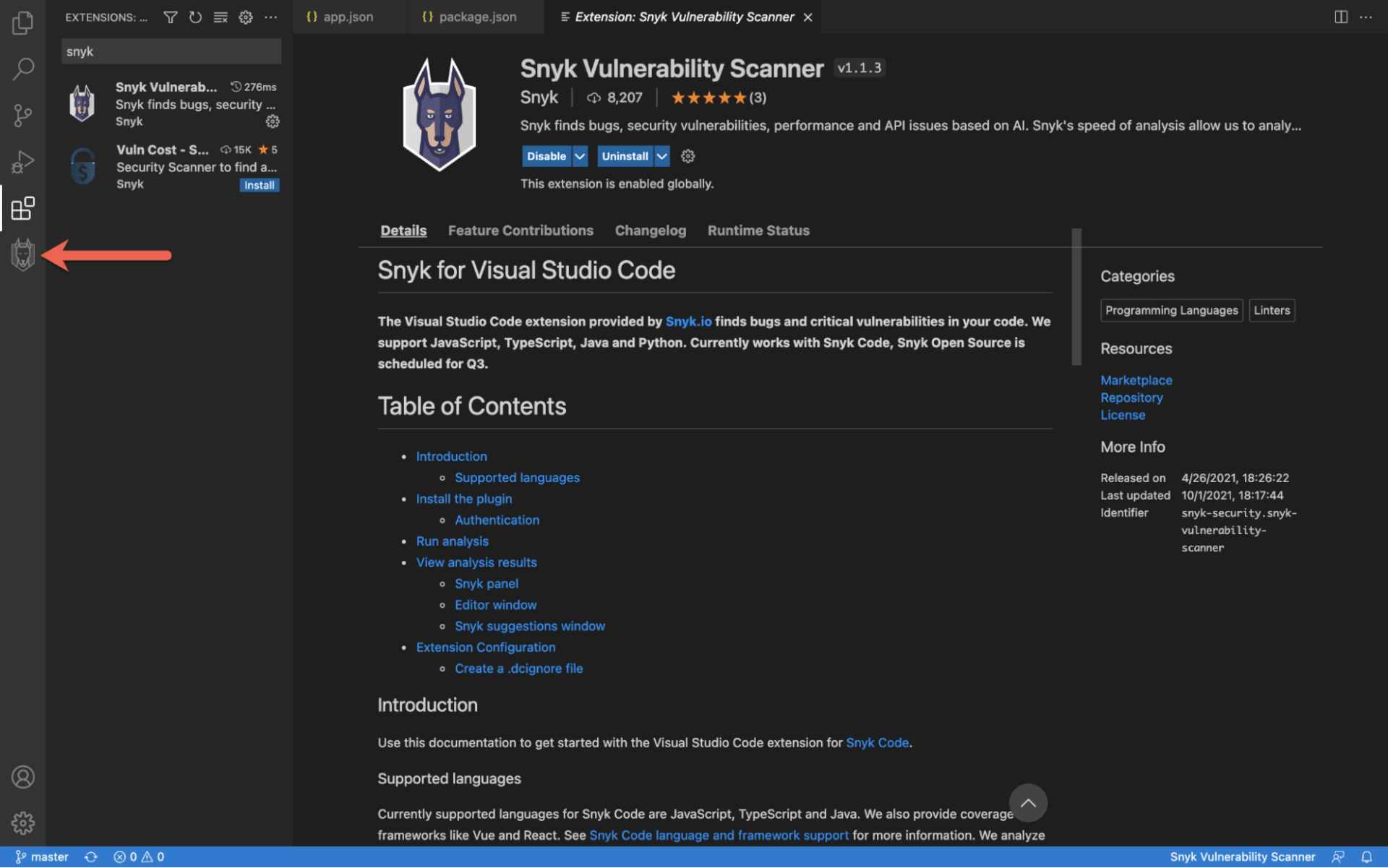 インストール済みのSnyk Vulnerability Scanner拡張機能とその詳細ページを表示したVisual Studio Codeの拡張機能ビュー