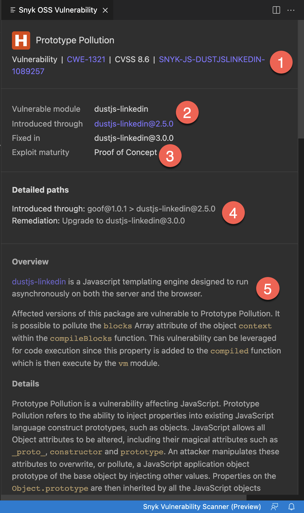 dustjs-linkedinのPrototype Pollutionの脆弱性に関するSnykの詳細情報。影響を受けるバージョンと修正済みバージョン、修復方法、悪用に関する情報を表示しています。