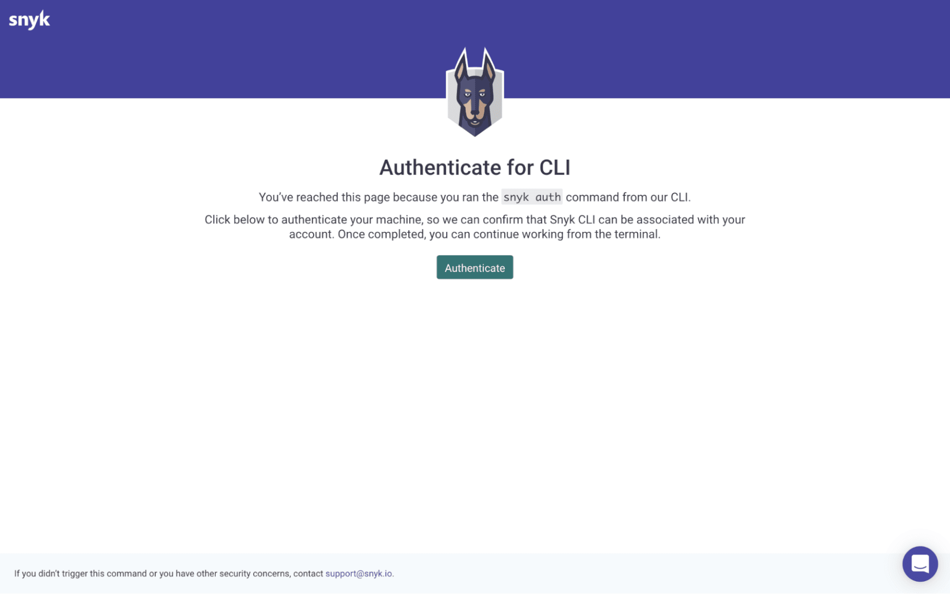 CLIのSnyk認証ページ。「Authenticate」ボタンと、snyk authコマンドを実行する手順が表示されています。