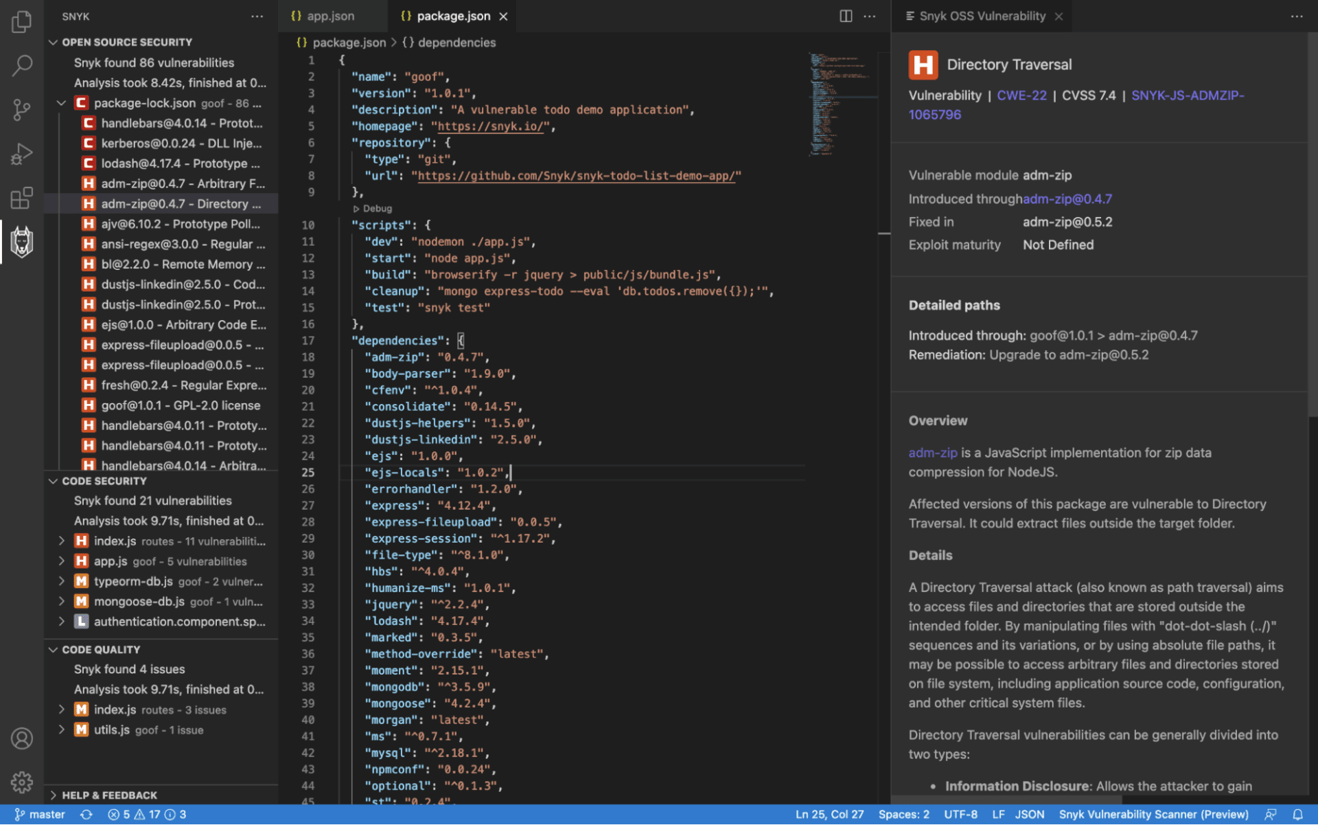 adm-zip JavaScriptパッケージのディレクトリトラバーサルの問題と修正方法を示す、VS CodeでのSnykの脆弱性スキャン