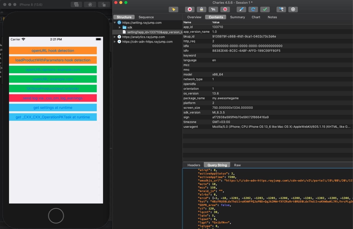 iPhone simulator showing diagnostic test buttons beside Charles Proxy displaying a captured request's query string and device details