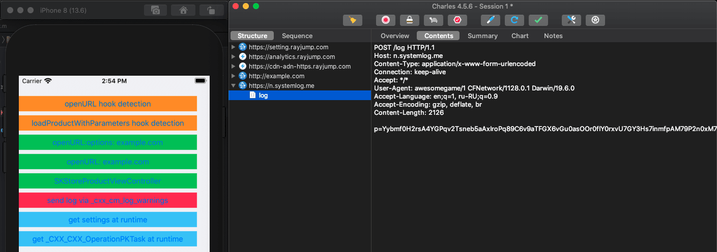 iPhone simulator displaying hook detection and runtime settings buttons beside Charles Proxy showing a POST request log