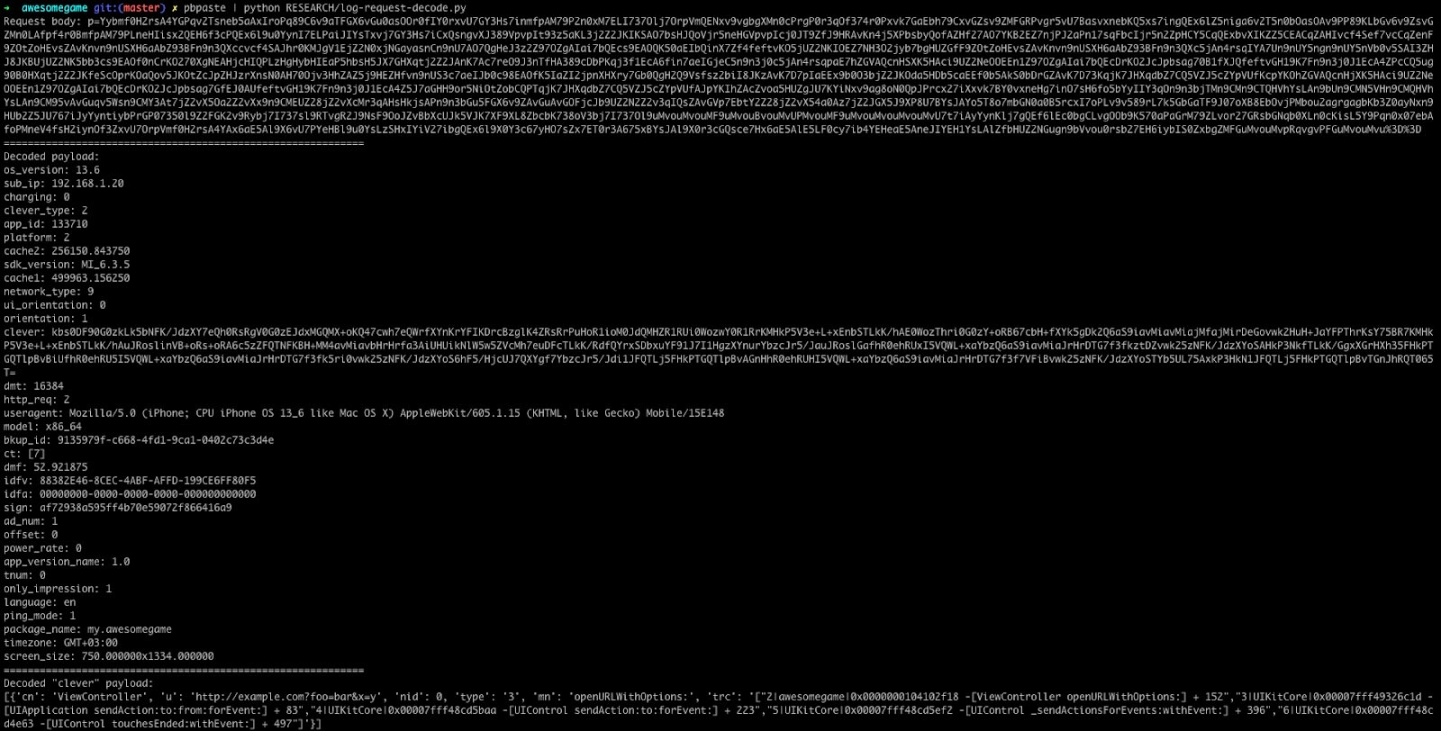 Terminal screenshot showing decoded payload data and iOS app request details from a Sourmint security analysis