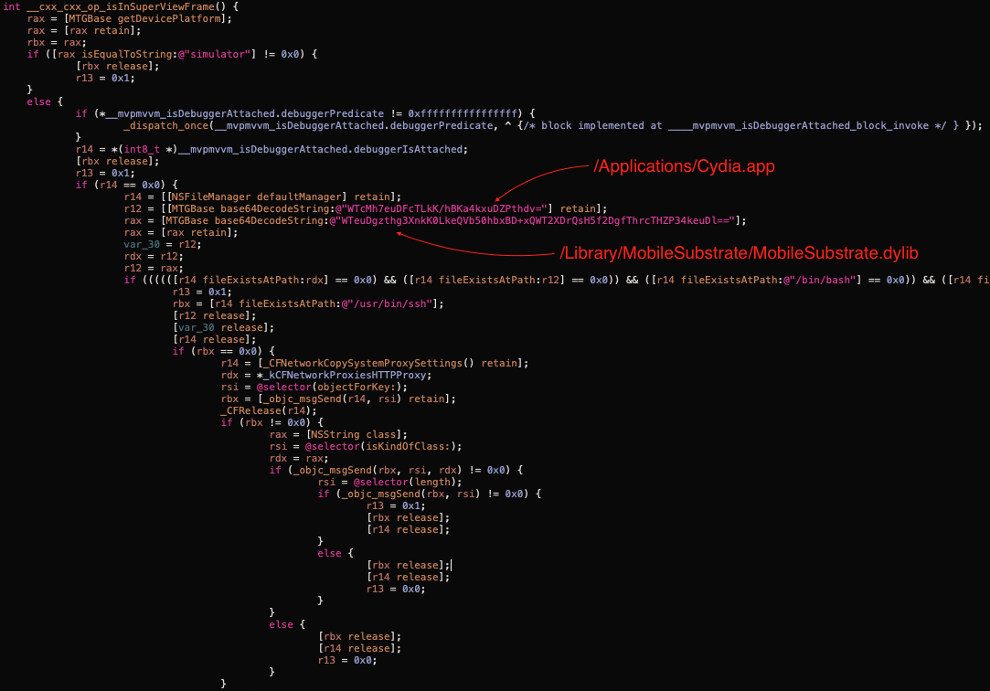 Code screenshot showing anti-debugging logic with red annotations pointing to /Applications/Cydia.app and /Library/MobileSubstrate/MobileSubstrate.dylib