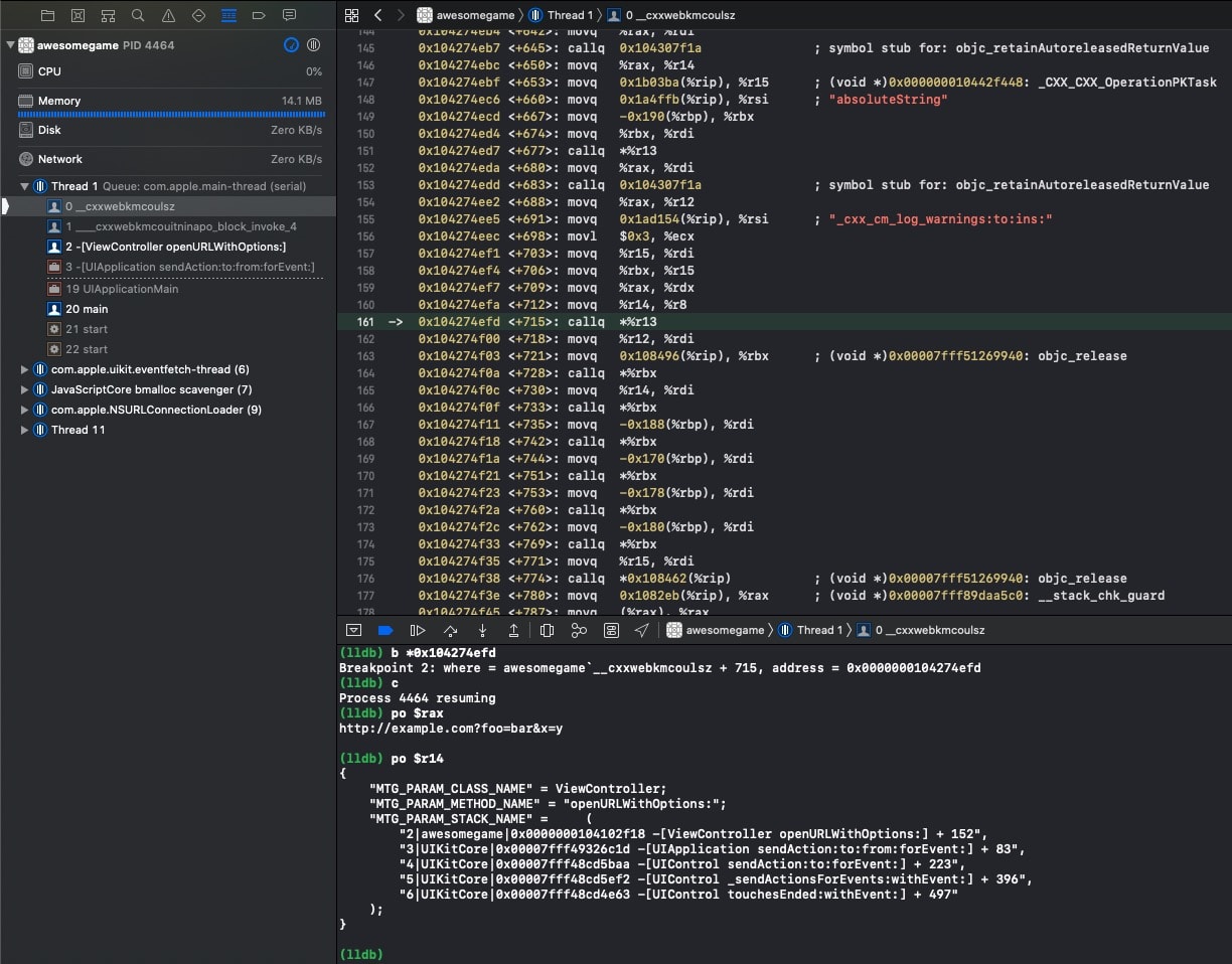 Debugger window showing assembly code, thread controls, and LLDB output for an iOS app breakpoint in ViewController.