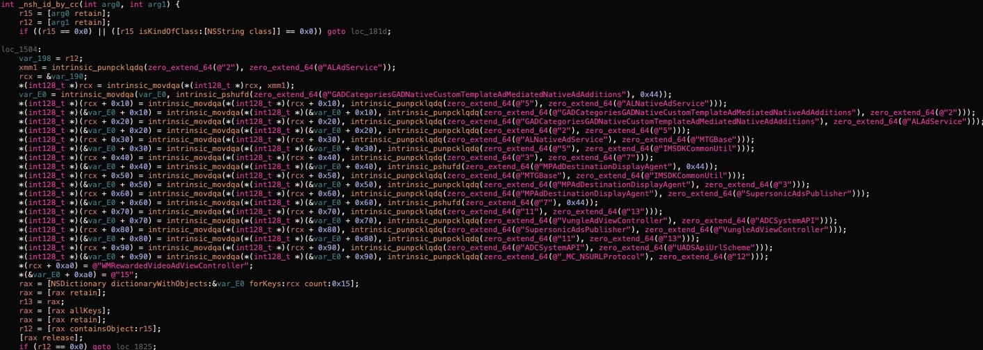 Dark code editor showing Objective-C reverse-engineering code with Apple framework and service names.
