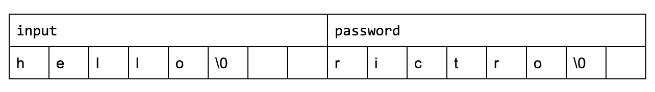 Table showing input and password fields, with “hello\0” in the input row and “rictro\0” in the password row.