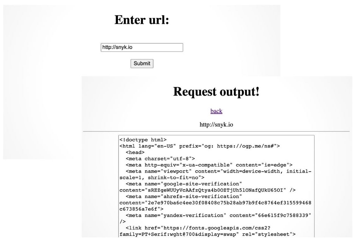 Web form showing a URL entry field for http://snyk.io and a request output page displaying the site's HTML source code