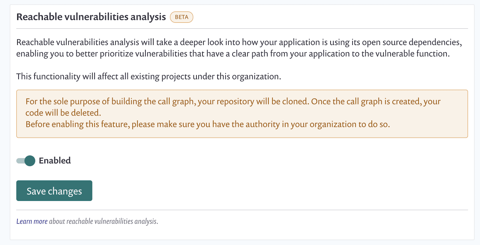 Settings page for Reachable vulnerabilities analysis, showing the feature enabled, a repository-cloning warning, and a Save changes button.