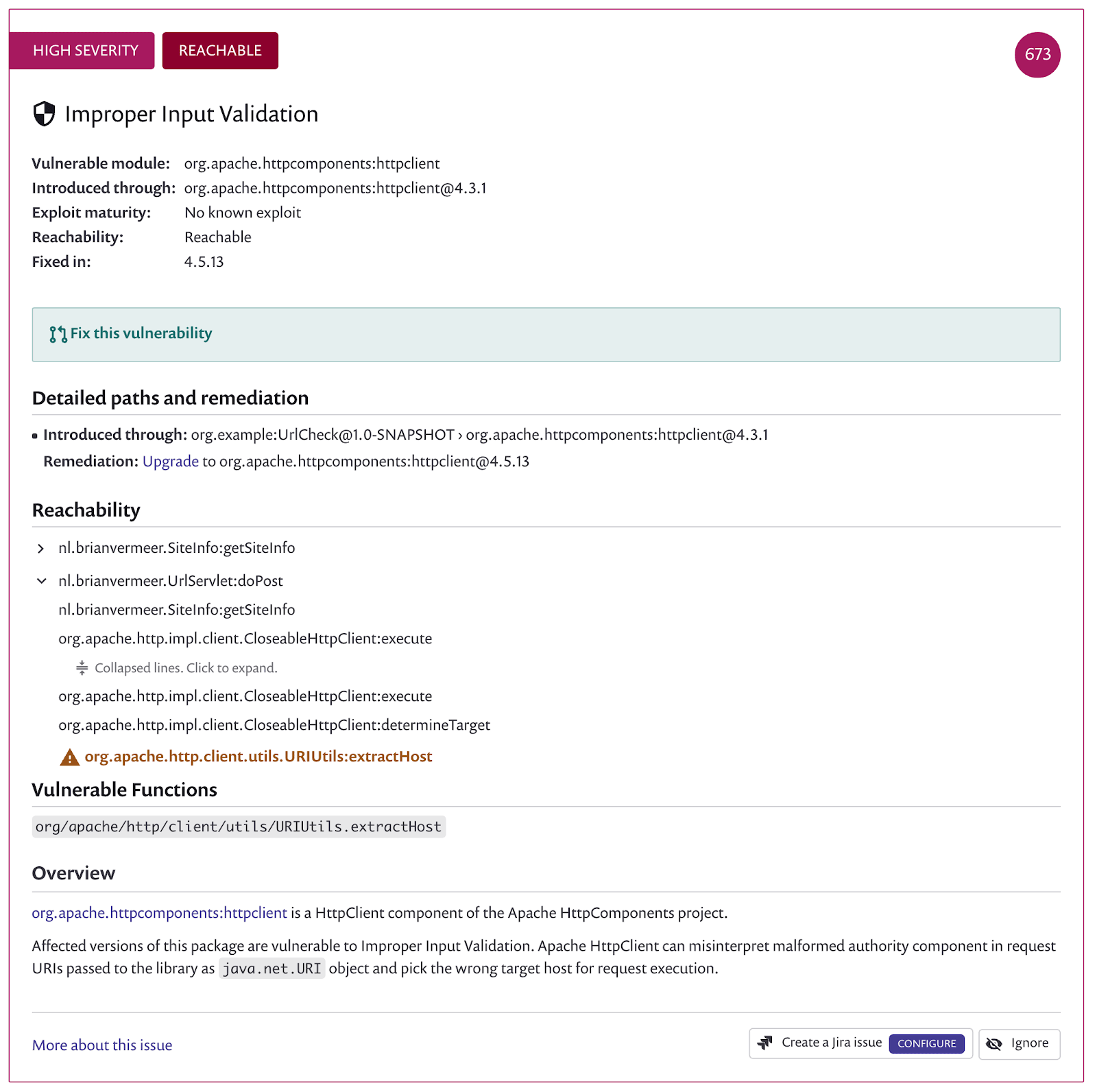 Detailed vulnerability report showing a reachable high-severity Apache HttpClient input-validation issue, remediation path, call stack, and vulnerable function.