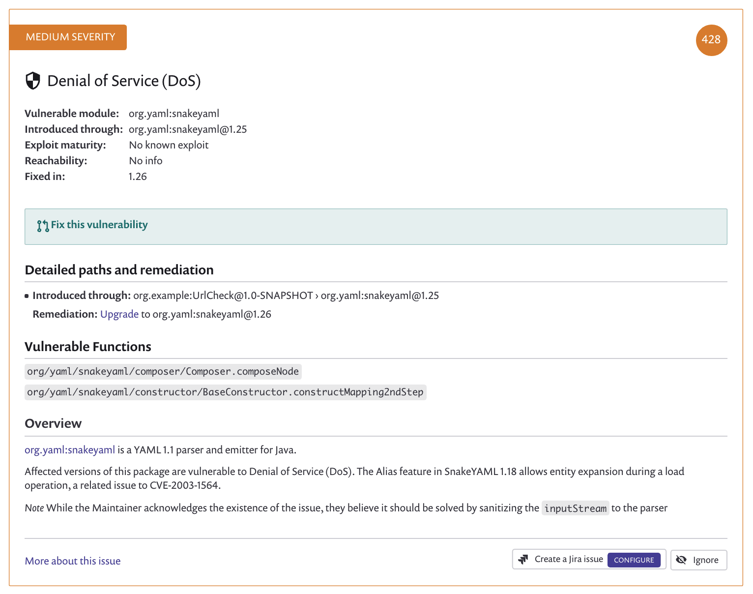 Medium-severity Denial of Service vulnerability report for org.yaml:snakeyaml, recommending upgrade to version 1.26