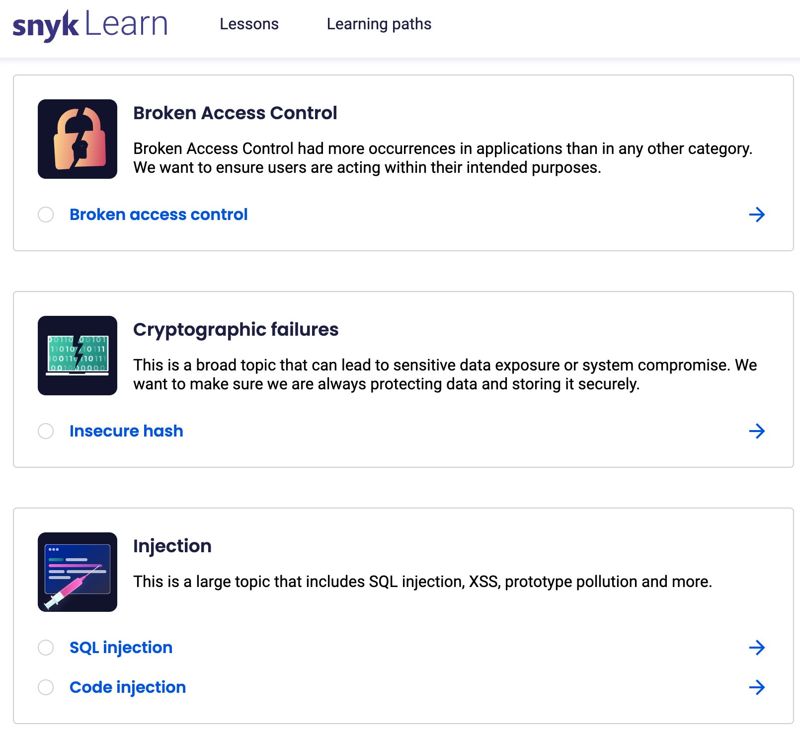 Página de Snyk Learn que muestra rutas de aprendizaje sobre vulnerabilidades de OWASP: fallas de control de acceso, fallas criptográficas e inyección.