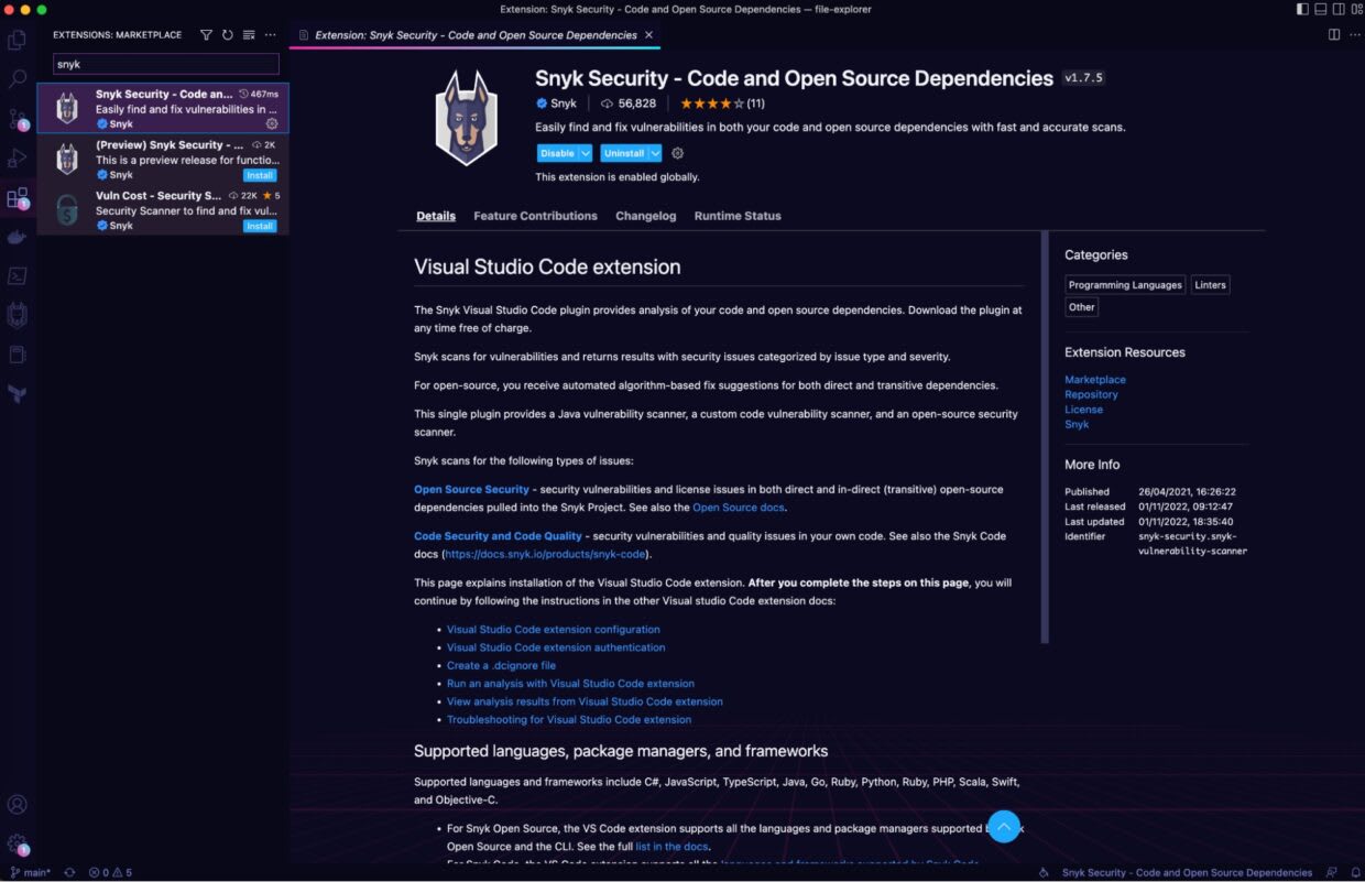 Visual Studio Code Extensions marketplace showing the Snyk Security extension page with installation controls and vulnerability scanning details.