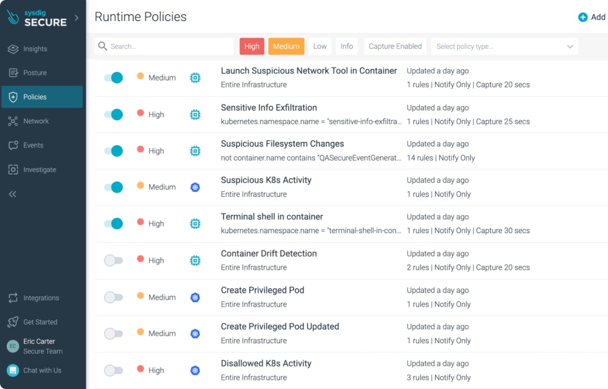 Sysdig Secure Runtime Policies dashboard listing high- and medium-severity container and Kubernetes security rules