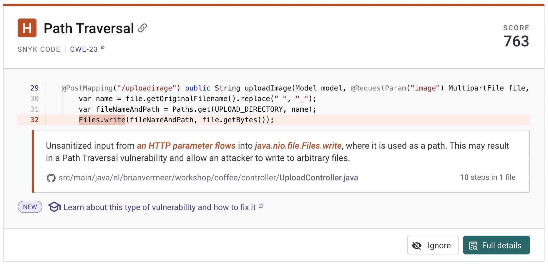 Snyk Code interface highlighting a Path Traversal vulnerability in Java upload code, with the unsafe file-writing line and remediation explanation.