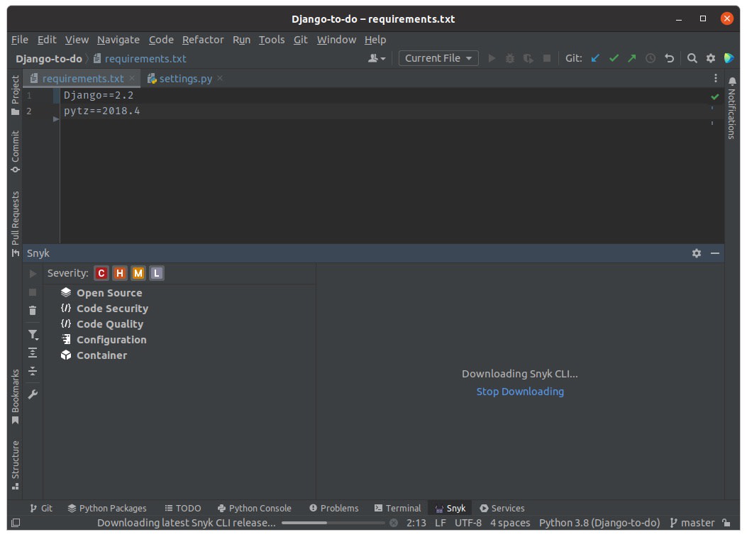 PyCharm displays a Django requirements.txt file while the Snyk panel downloads the Snyk CLI.