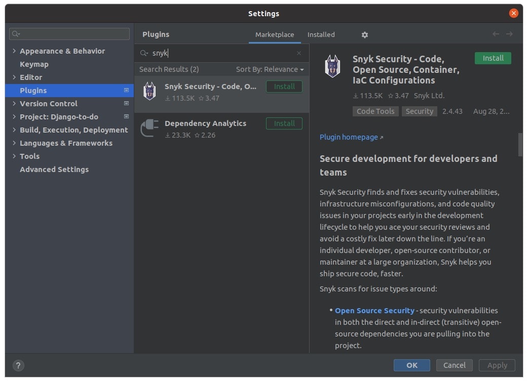 PyCharm Settings window showing the Plugins marketplace searching for “snyk” and the Snyk Security plugin with an Install button.