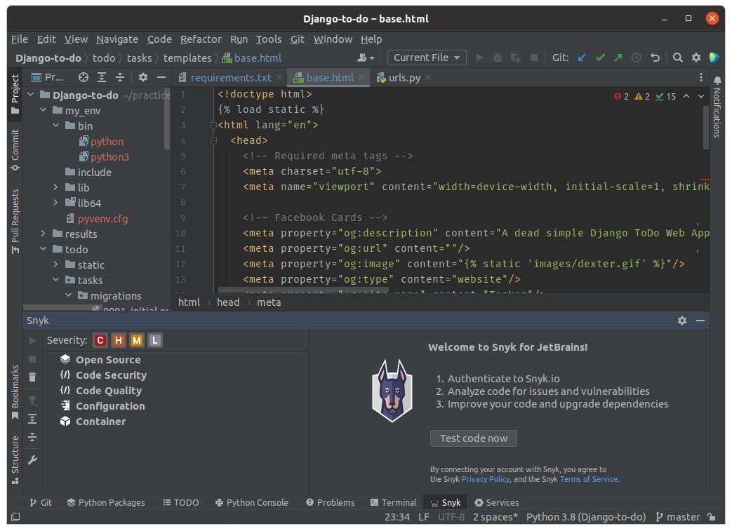 JetBrains IDE displaying a Django base.html template with the Snyk panel open for code security testing.