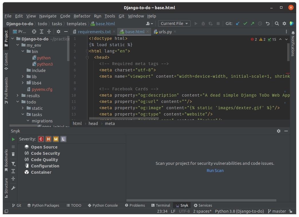 Django project open in a code editor with the Snyk panel prompting the user to scan for security vulnerabilities and code issues.