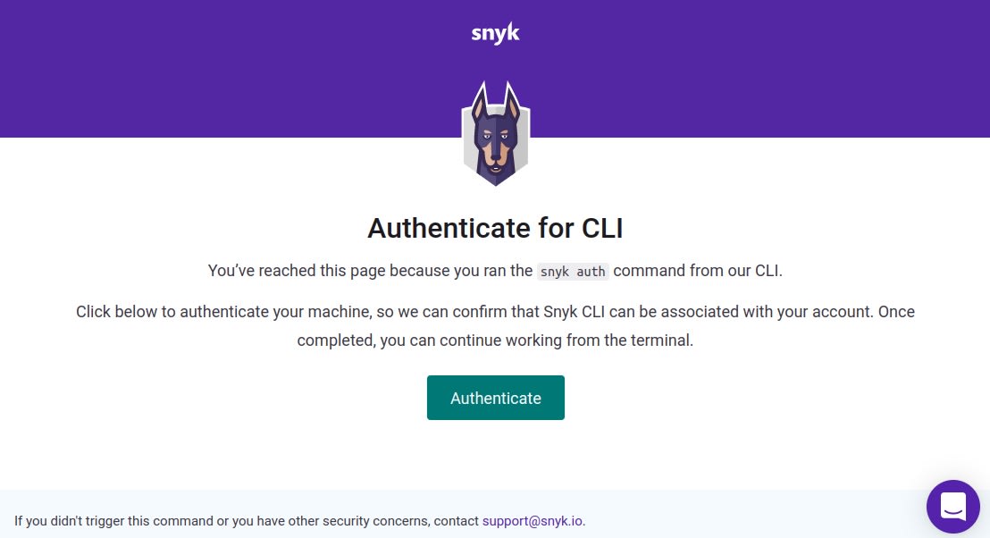 Snyk web page displaying an “Authenticate for CLI” message and an Authenticate button