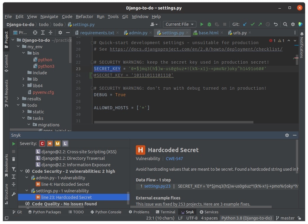 IDE showing a Django settings.py file with a hardcoded SECRET_KEY and Snyk reporting a high-severity Hardcoded Secret vulnerability.