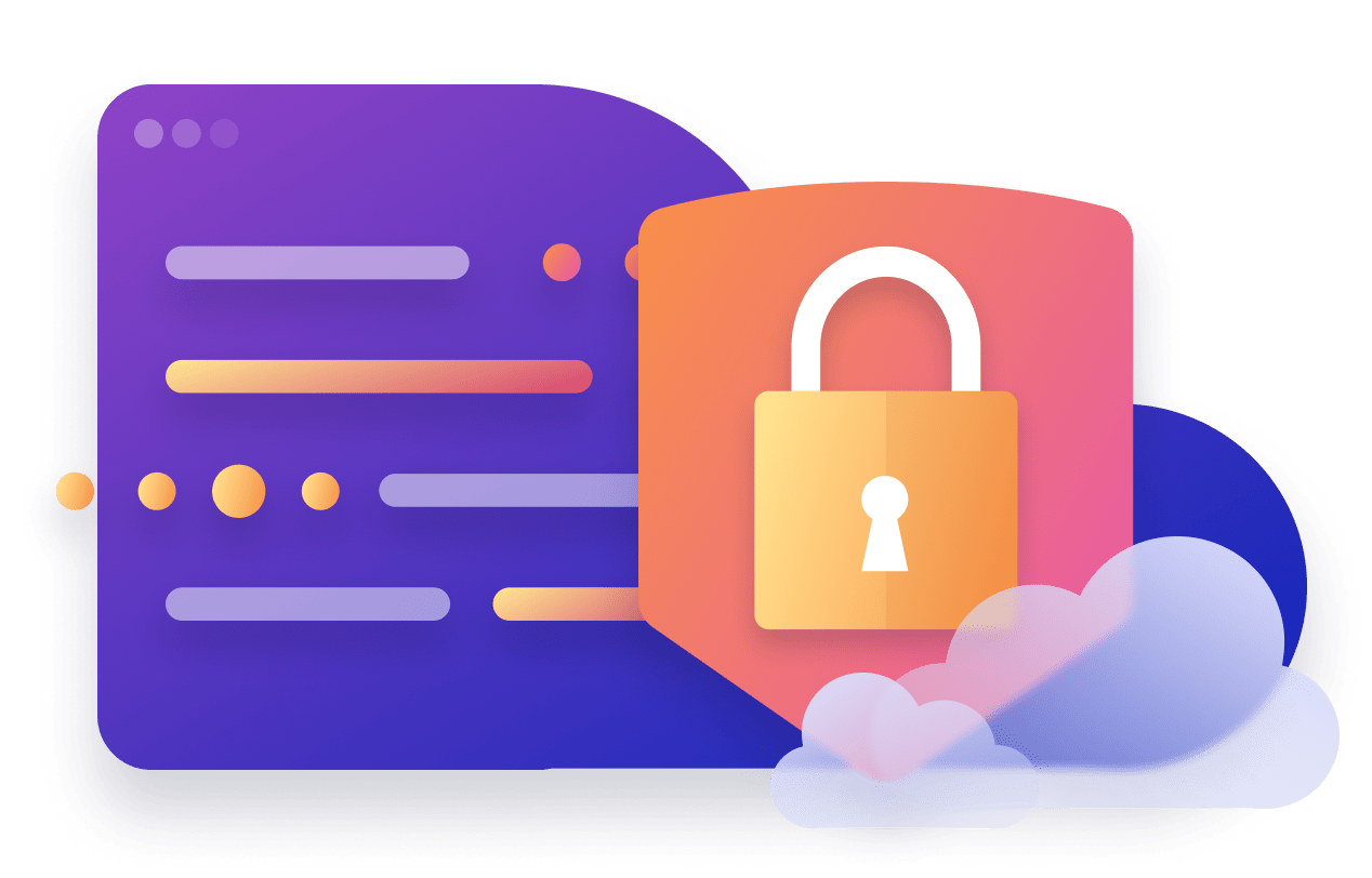 Ilustración de una interfaz de software protegida en la nube con un candado destacado