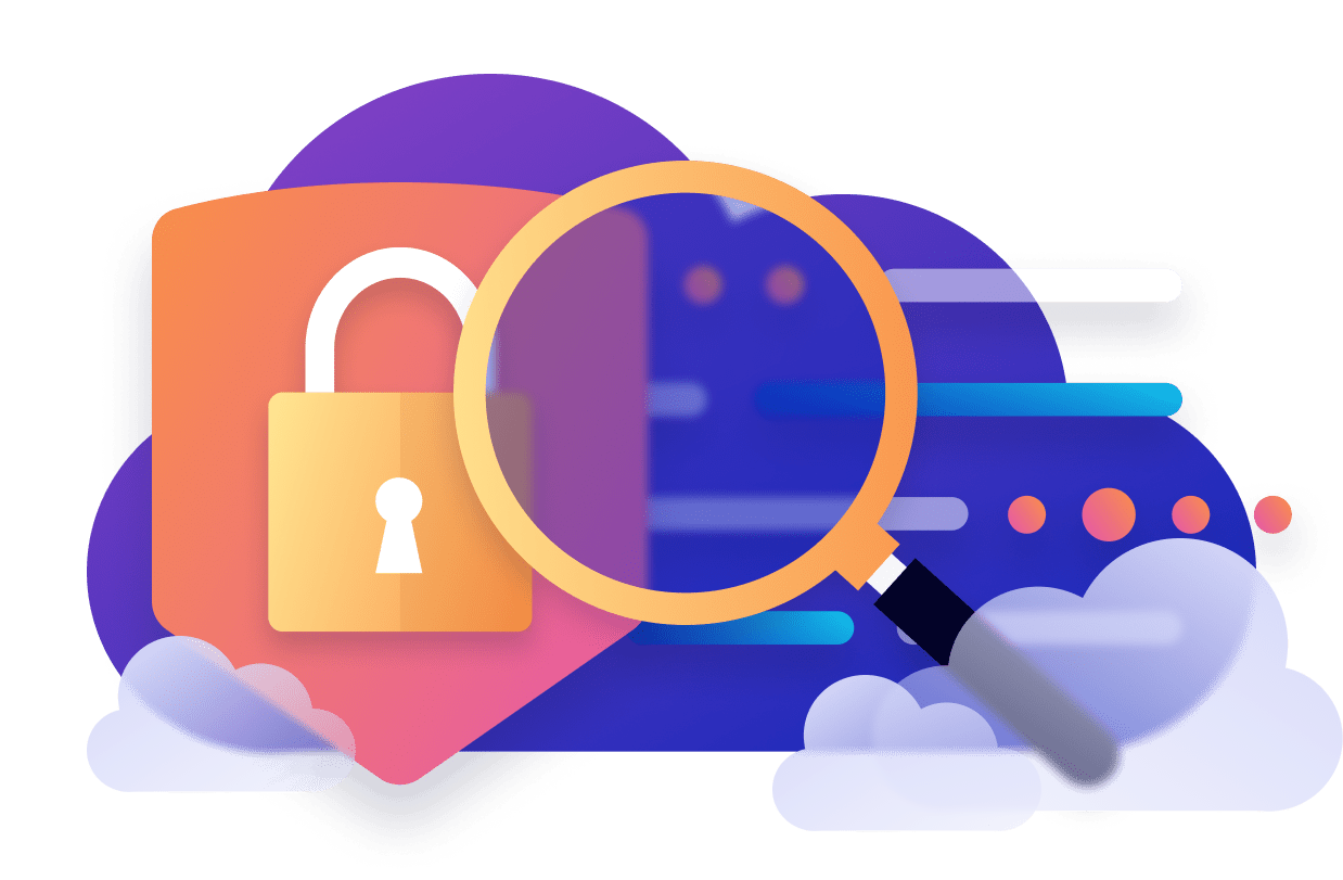 Colorful illustration of a magnifying glass inspecting a digital interface beside a padlock, with clouds and abstract shapes