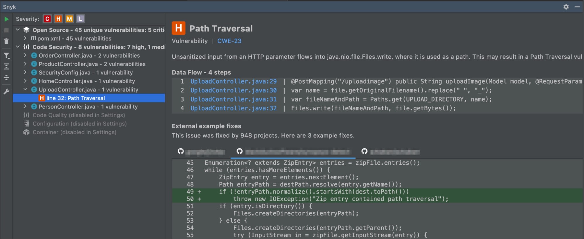 Snyk security dashboard highlighting a high-severity CWE-23 Path Traversal vulnerability and code fixes for preventing unsafe file paths.