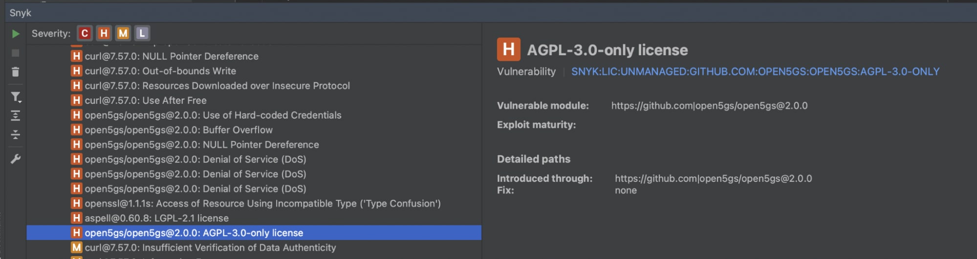 open5gs依存関係におけるAGPL-3.0-onlyライセンスの問題を強調表示したSnykの脆弱性ダッシュボード