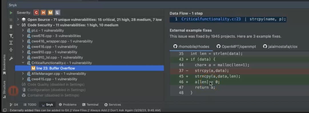 C++コードの重大なバッファオーバーフローを示すSnyk IDEパネル。データフローと外部の修正例を表示