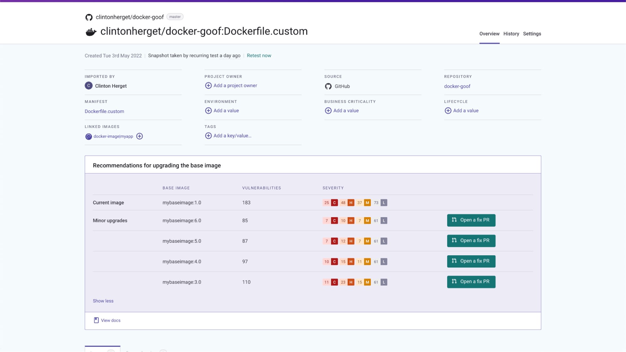 Container image dashboard showing recommendations for upgrading a base image, vulnerability counts, severity ratings, and fix pull request buttons.