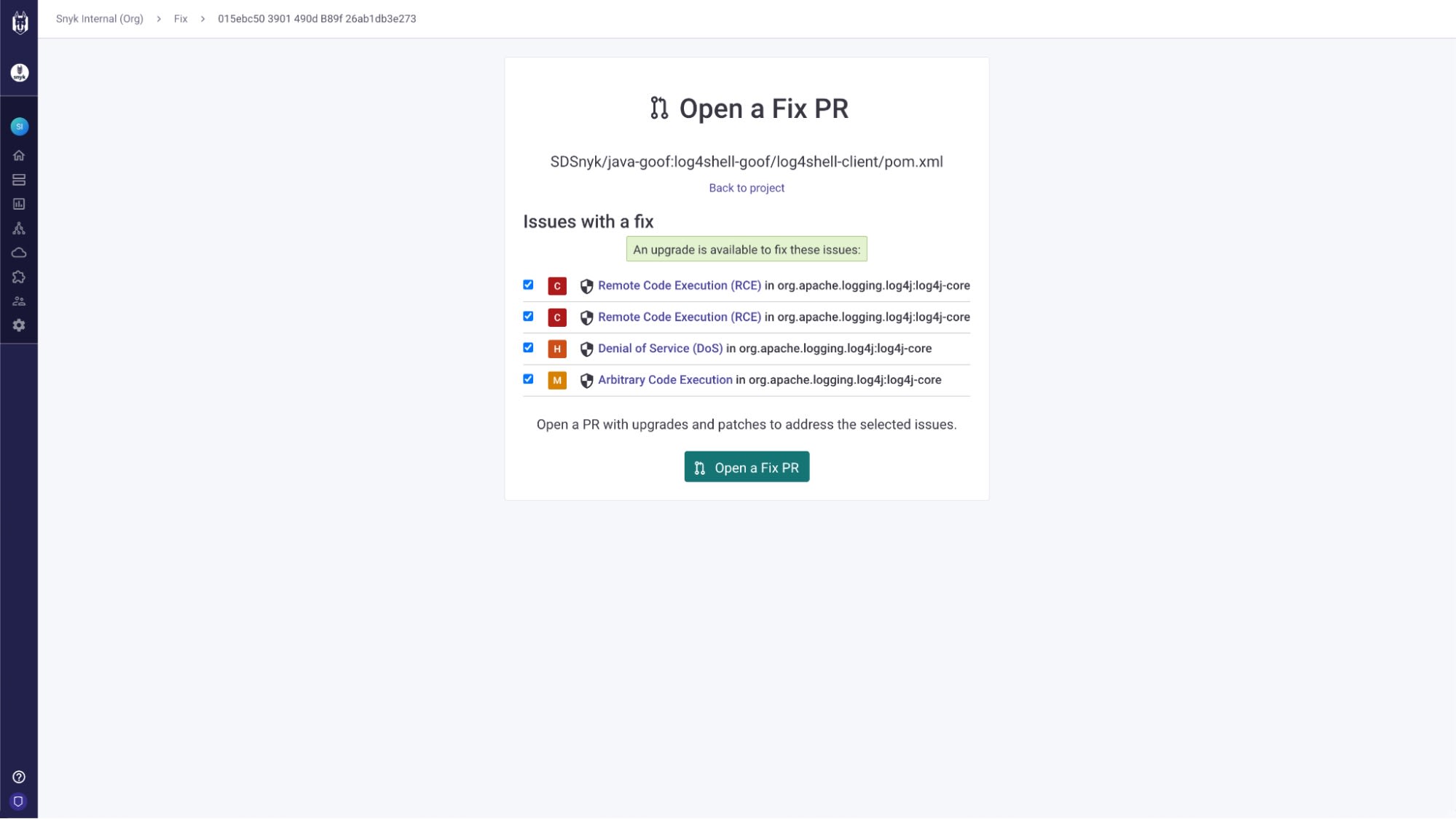 Snyk Open a Fix PR screen showing selected Log4j vulnerabilities and an option to open a pull request with upgrades and patches.